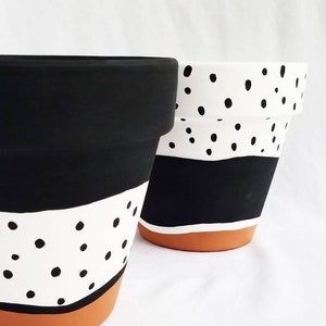 Black and white polka dot hand painted terra cotta pot, indoor planter pot with drainage hole. image 4