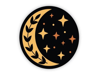Moon and stars mystical vinyl sticker, laptop sticker or water bottle sticker, waterproof and dishwasher safe sticker.