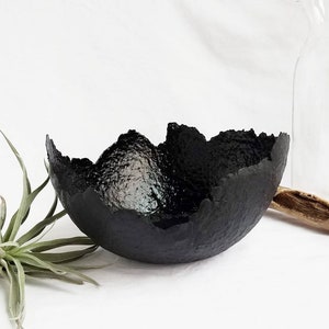 Black on black recycled paper pulp bowl, paper pulp catch-all bowl, matte and shiny black bowl, first anniversary, paper anniversary.