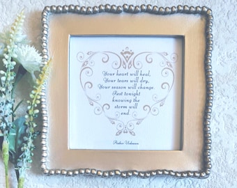 The Storm Will End comforting frame - Heart healing gold beaded frame - Tough time reassuring message