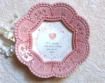 Mend a Quarrel gift - Family disagreement fix - Pink ceramic frame - Whimsical heart, floral border design