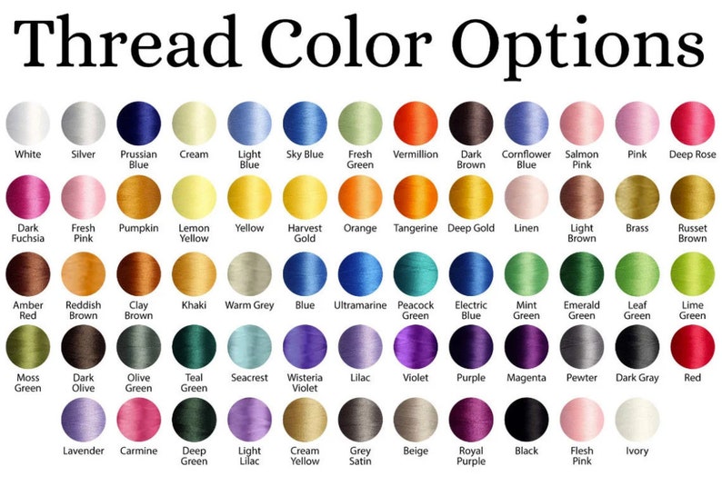 May include: A chart of 50 different thread colors, including white, black, red, blue, green, yellow, orange, purple, pink, brown, and gray. The colors are arranged in a grid pattern and labeled with their names.