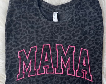Mama Leopard Tshirt Embroidered, Mama Embroidered Leopard Tshirt, Leopard Mama Tshirt