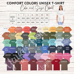 Puede incluir: Una carta de colores para camisetas unisex Comfort Colors, que muestra una amplia gama de tonos. La tabla incluye una gu&iacute;a de tallas con medidas en pulgadas, que van de la S a la 4XL. Las camisetas se muestran en varios colores, incluyendo blanco, negro y azul.