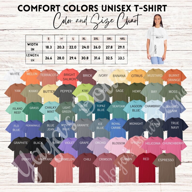 Puede incluir: Una carta de colores para camisetas unisex Comfort Colors, que muestra una amplia gama de tonos. La tabla incluye una gu&iacute;a de tallas con medidas en pulgadas, que van de la S a la 4XL. Las camisetas se muestran en varios colores, incluyendo blanco, negro y azul.