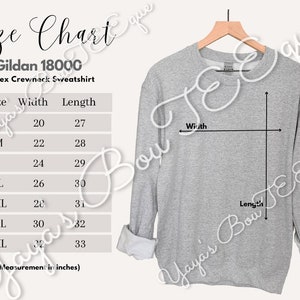 May include: Size chart for a Gildan 18000 unisex crewneck sweatshirt. The chart shows the width and length in inches for sizes S, M, L, XL, 2XL, 3XL, and 4XL.