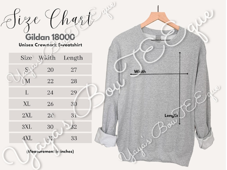 May include: Size chart for a Gildan 18000 unisex crewneck sweatshirt. The chart shows the width and length in inches for sizes S, M, L, XL, 2XL, 3XL, and 4XL.