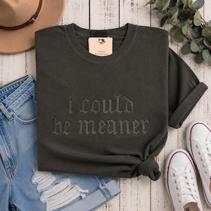Puede incluir: Camiseta gris oscuro con la frase bordada "I COULD be MEANER." La camiseta est&aacute; doblada, con una etiqueta "YaYa's Boutique." Se combina con vaqueros azules, un sombrero marr&oacute;n y zapatillas blancas.