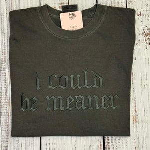 Puede incluir: Camiseta gris oscuro con la frase bordada "I COULD be meaner" en fuente g&oacute;tica. La camiseta est&aacute; doblada sobre una superficie de madera clara. Una etiqueta con un logotipo es visible.