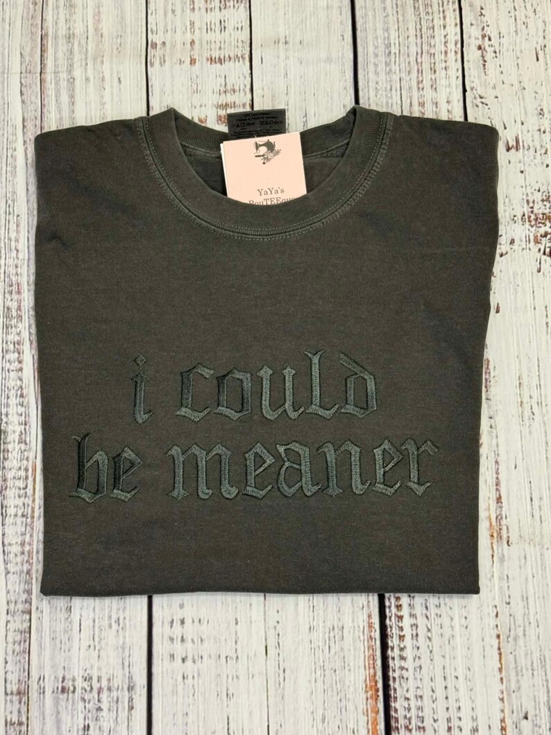 Puede incluir: Camiseta gris oscuro con la frase bordada "I COULD be meaner" en fuente g&oacute;tica. La camiseta est&aacute; doblada sobre una superficie de madera clara. Una etiqueta con un logotipo es visible.