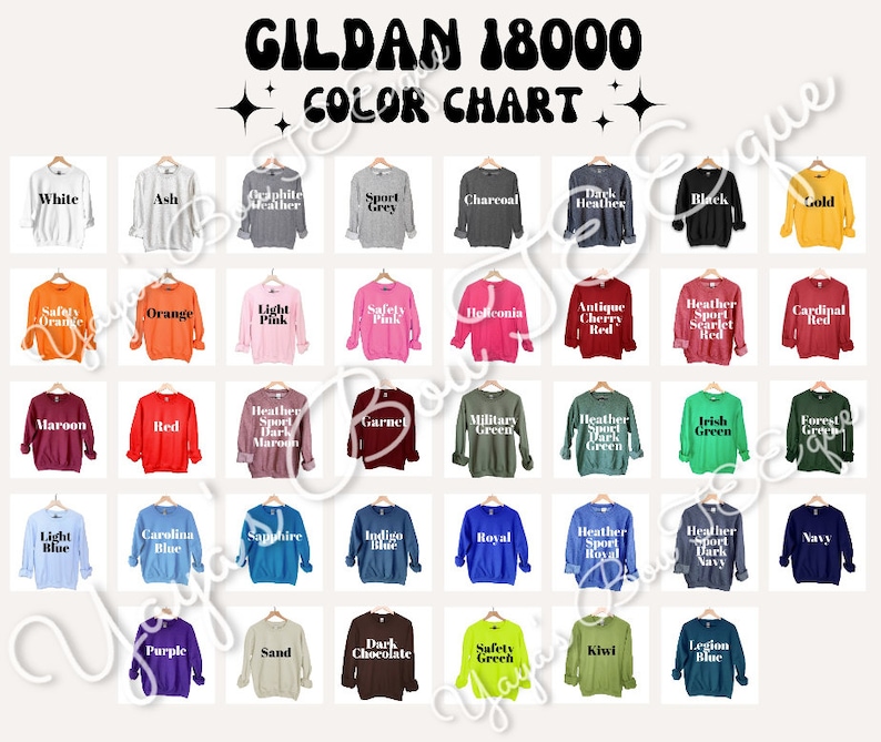 May include: Color chart for Gildan 18000 sweatshirts, showing a variety of colors including white, ash, heather, sport grey, charcoal, dark heather, black, gold, safety orange, orange, light pink, safety pink, heliconia, antique cherry red, heather sport scarlet red, cardinal red, maroon, red, heather sport dark maroon, garnet, military green, heather sport dark green, irish green, forest green, light blue, carolina blue, sapphire, indigo, royal, heather sport royal, heather sport dark navy, navy, purple, sand, dark chocolate, safety green, kiwi, and legion blue.