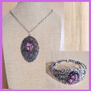 Pink filigree ladies jewellery set, Paisley design cuff bracelet necklace, Vintage mandala silver gift for her