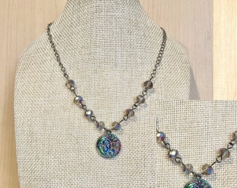 Rainbow effect glass beads, aurora sun charm necklace, Gothic black chain jewellery