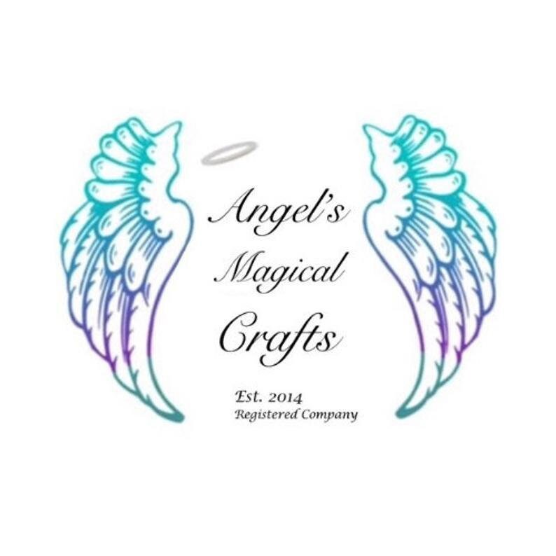 May include: A logo for a business called "Angel's Magical Crafts" with a pair of angel wings on either side of the text. The wings are a gradient of blue and purple. The text is in black and says "Est. 2014 Registered Company".