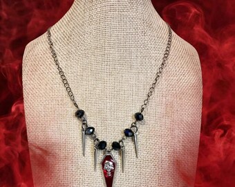 Gothic Coffin Necklace with Skull, Red Enamel, Black Crystal Spikes, Pagan Witchy Jewelry