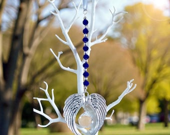 Deep Blue Crystal Angel Wings Suncatcher, Window Prism Decoration, Memorial, Anniversary & New Home Gift