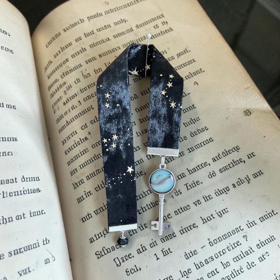 Gothic Celestial Velvet Bookmark – Gold Stars, Skeleton Key Charm, Pagan Book Accessory