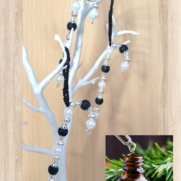 Black and white lava stone Christmas candy cane, Festive essential oil aroma scent tree decoration