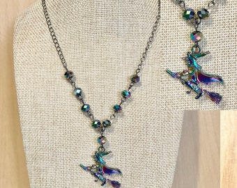Hanging witch charm necklace, Gothic black chain jewellery, rainbow crystal beads, handmade jewellery