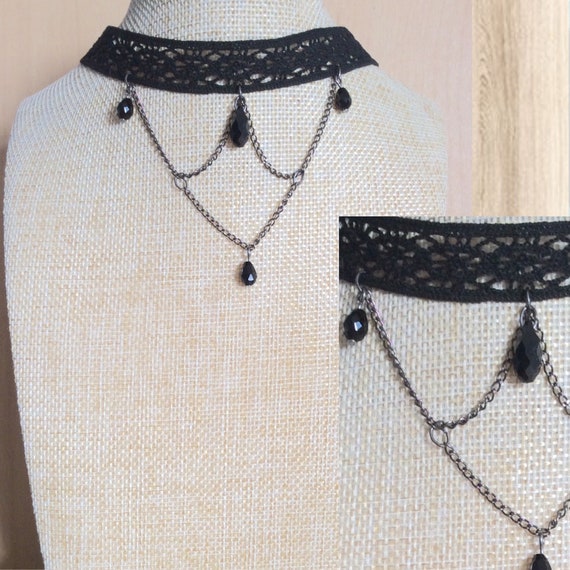 Black lace punk layered choker, alternative style pagan chain necklace