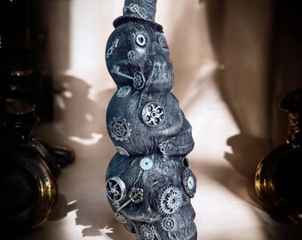 Steampunk Skull Sculpture, victorian elegance, gothic art, Black & Silver Industrial Art Decoration