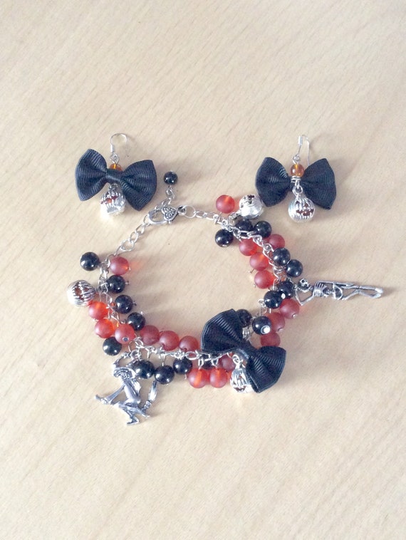 orange black skeleton jewellery set, gothic witch charm bracelet earrings