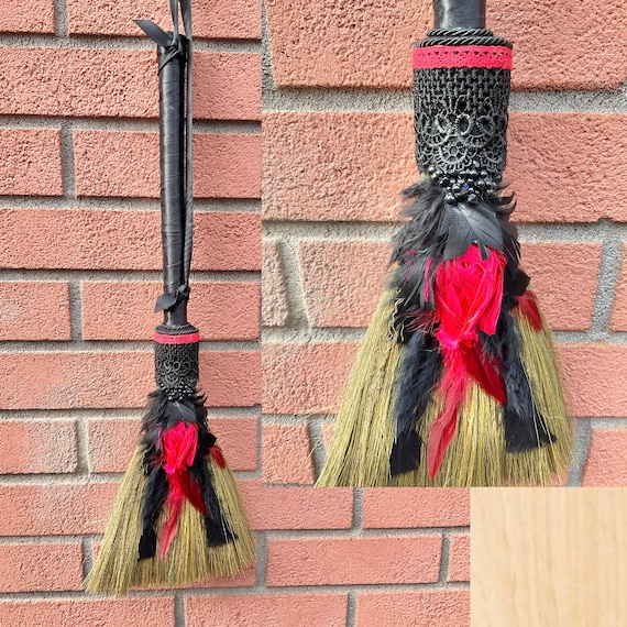 Single red rose, large witches broom, Wiccan besom Halloween porch decor, broomstick home accessory