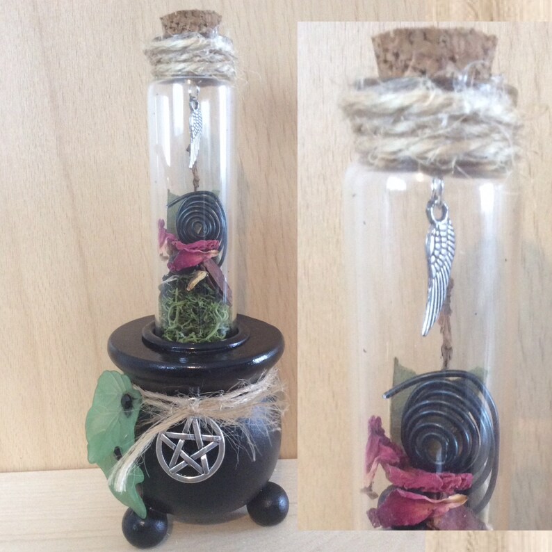 May include: A black cauldron with a pentagram design and a glass bottle filled with dried rose petals, a black licorice twist, moss, and a silver charm with a wing. The bottle is topped with a cork and twine.