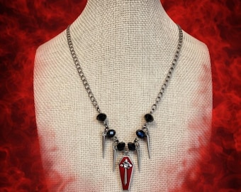 Handmade Gothic Coffin Necklace, Red Enamel Coffin Charm, Black Crystal Spiked Choker, Pagan Altar Jewellery Witchy Gift