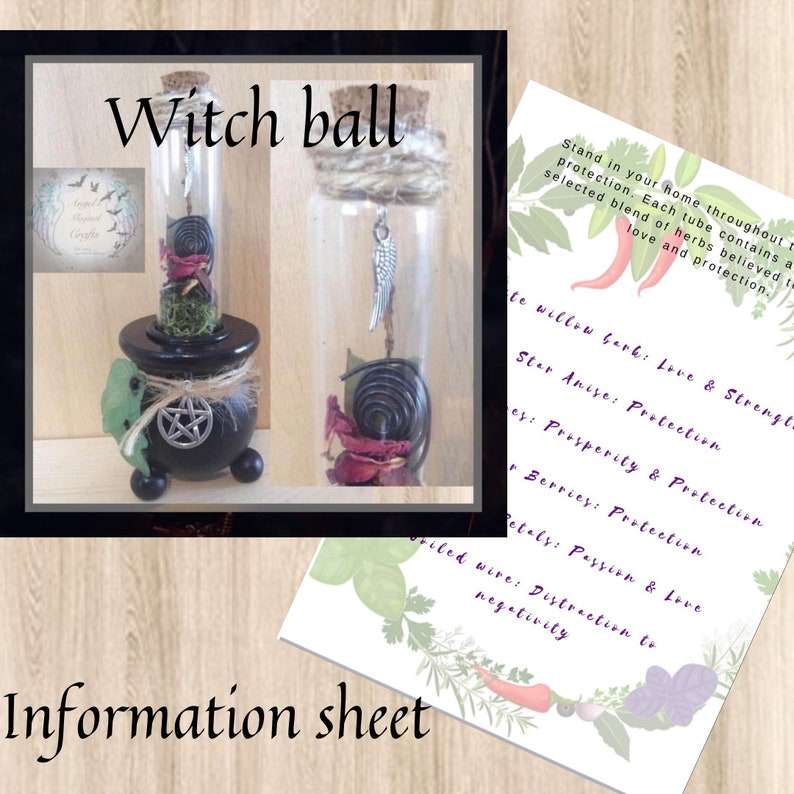 May include: A small glass bottle with a cork top filled with dried herbs and a metal spiral. The bottle is hanging from a small cauldron with a pentagram on the side. The text "Witch ball" is written above the image. The text "Stand in your home throughout the year for protection. Each tube contains a selected blend of herbs believed to bring love and protection." is written on a white card with a floral design.