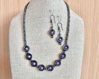 Collier d’hématite de perles d’yeux de chat lilas, ensemble de boucles d’oreilles de mise à la terre pour dames