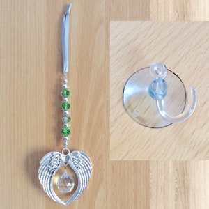 Green glass crystal window suncatcher, Hanging angel wing silver decoration