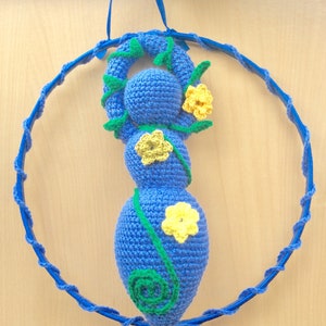 blue crochet goddess doll, handmade yellow woollen flower embellished triple goddess