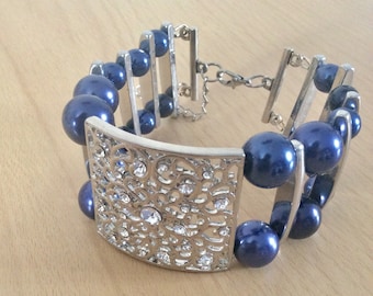 blue and silver ladies cuff bracelet, diamanté filigree spacer jewellery