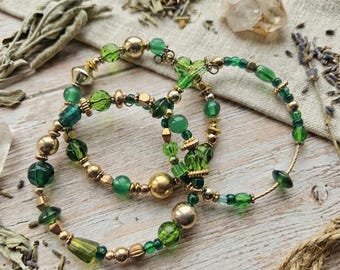 Pagan Green Beaded Cuff Bracelet Set - 3 Piece Memory Wire Jewellery, Earth Element Wiccan Witchcraft Accessories
