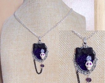 Purple skull cameo silver necklace, black bow gothic rose jewellery