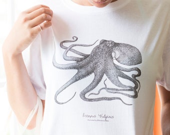 Camiseta Blanca Ilustración Original Pulpo / Ilustración Marina / Unisex