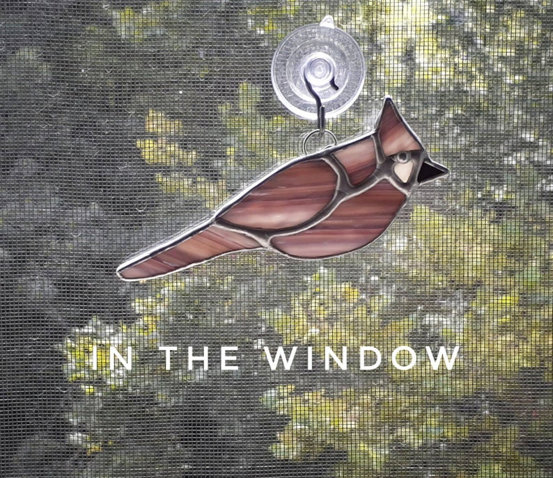 Brown and gray stained glass small bird suncatcher ornament
