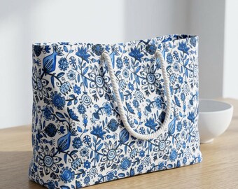 Delft Blue Weekender Bag | Blue Floral Travel Tote | Large Overnight Bag | Botanical Beach Tote | Artist Designed Gift