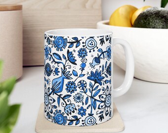 Delft Blue Floral Coffee Mug | Blue & White Botanical Ceramic Mug | Original Art by Virginia Fitzgerald | Gift for Gardeners | 11oz / 15oz