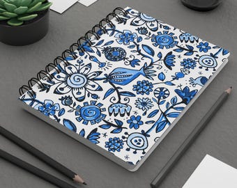 Blue Floral Delft Blue Spiral Bound Journal Original Botanical Floral Design by Virginia Fitzgerald