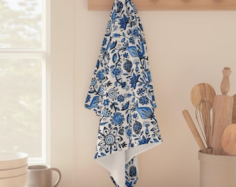 Delft Blue Kitchen Tea Towel | Blue & White Floral Dish Towel | Original Art by Virginia Fitzgerald | Housewarming Gift