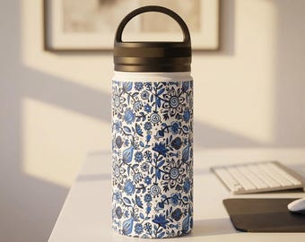Blue Floral Water Bottle | Delft Blue Botanical Stainless Steel Bottle | Reusable Water Bottle | Artist Designed Gift for Garden Lovers