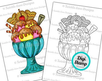 Ice Cream Sundae, Digi Stamp - Instant Download