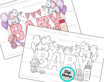 New Baby, Digi Stamp, Lettering, Bunting, Baby Clipart, Rattle, Baby Blocks, Colouring Page, Balloons, Celebration, Elephants, Wording