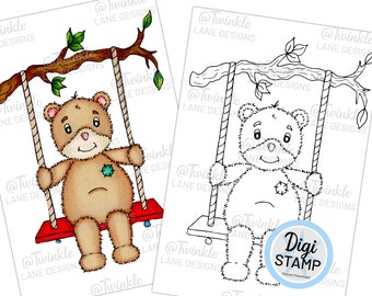 Tree Swing, Teddy Bear - Digi Stamp