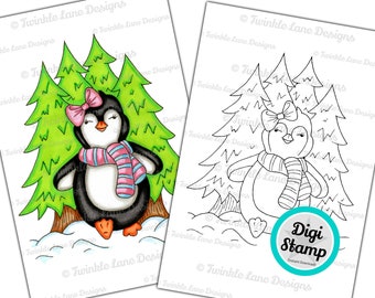 Snow Penguin, Digi Stamp - Instant Download