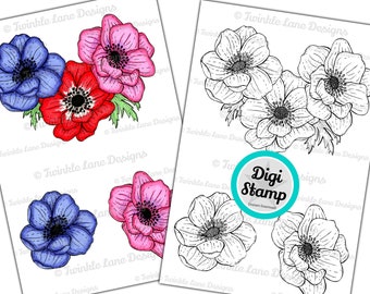 Anemone Flowers, Digi Stamp - Instant Download