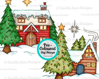 Coloured Cottages, Christmas Digi Stamp - Instant Download