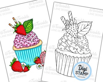 Strawberry Cupcake, Digi Stamp - Instant Download